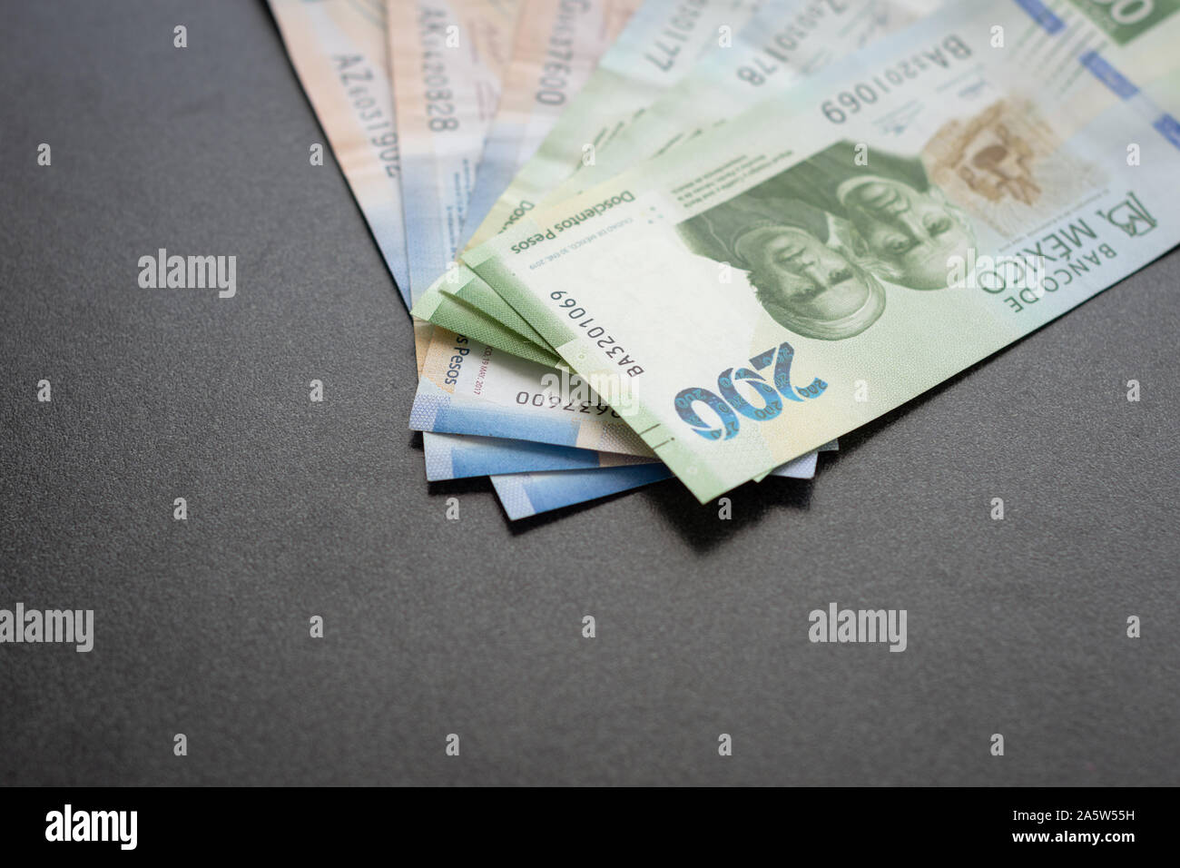mexican pesos tickets new bills two hundred background Stock Photo
