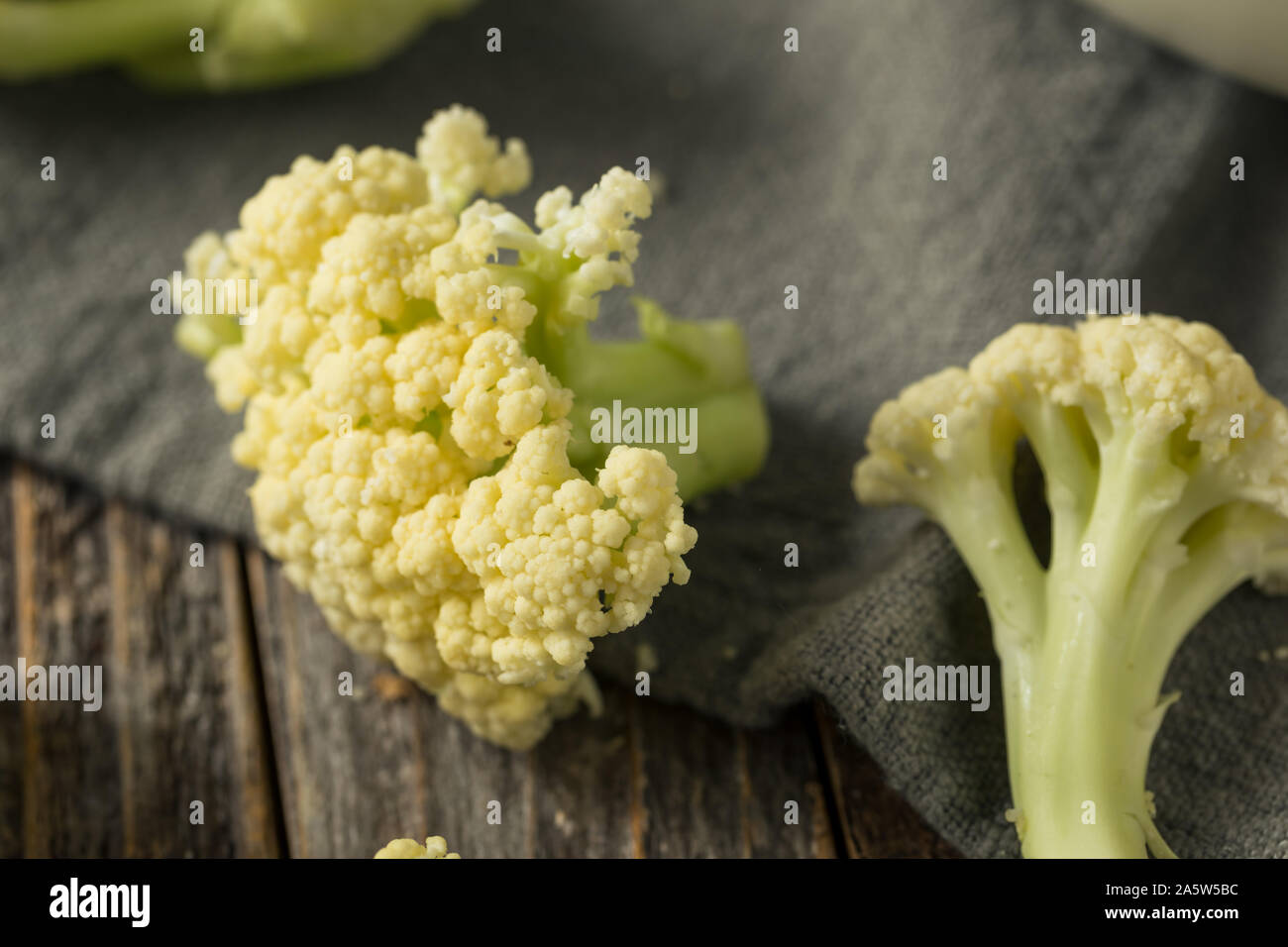 Raw White Baby Cauliflower Florets in a Bowl Stock Photo