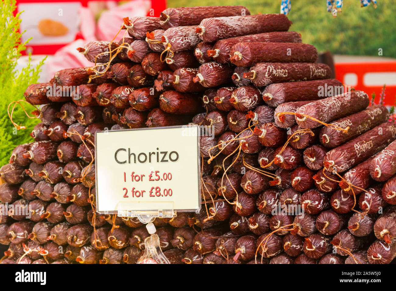 Stack of chorizo sausages for sale on a stall at the Bolton Food