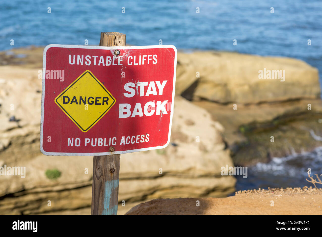 Warning sign at Sunset Cliffs Natural Park. San Diego, California, USA