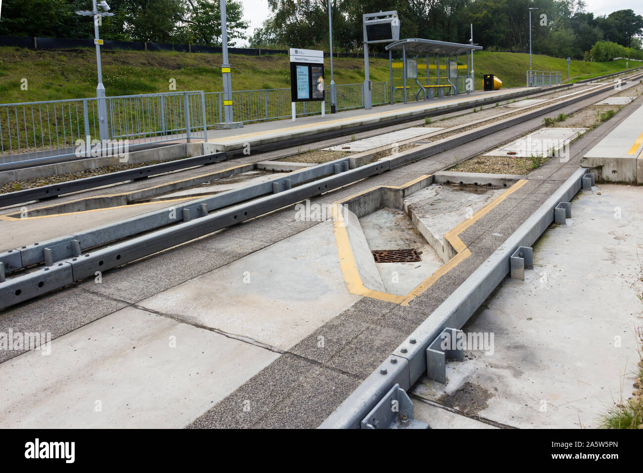 Car trap at a bus entrance  to the  Manchester to Leigh guided busway. The busway is 2.6 metres wide between the concrete guide rails. Stock Photo