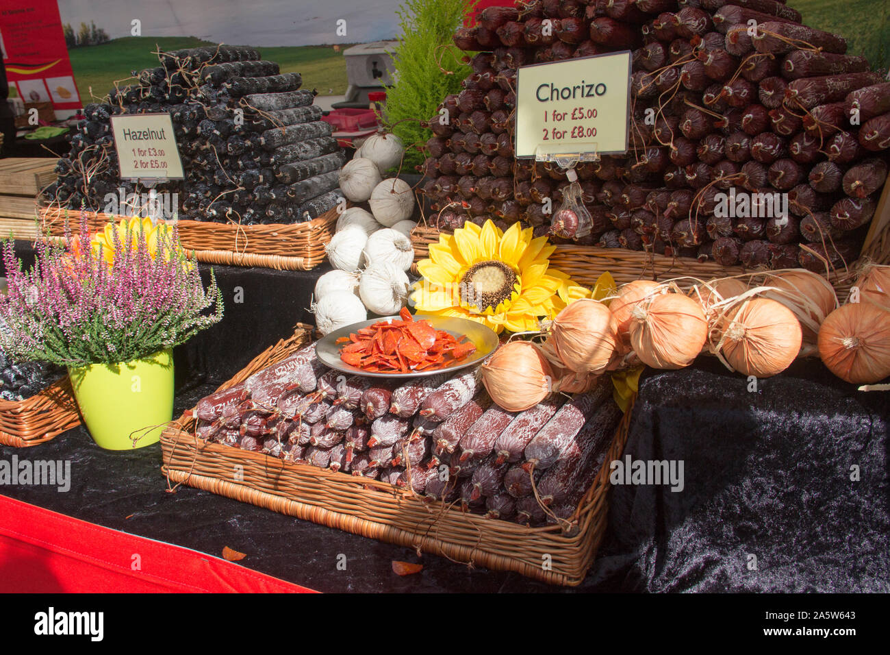 Varieties of chorizo sausage for sale on a stall at the Bolton Food