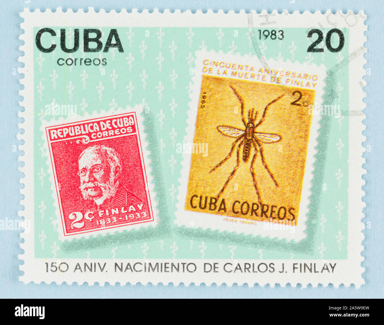 Stamp of the 150th anniversary of  birth and 50th of death of  epidemiologist  Carlos Finlay, who identified link between mosquitoes - yellow fever. Stock Photo