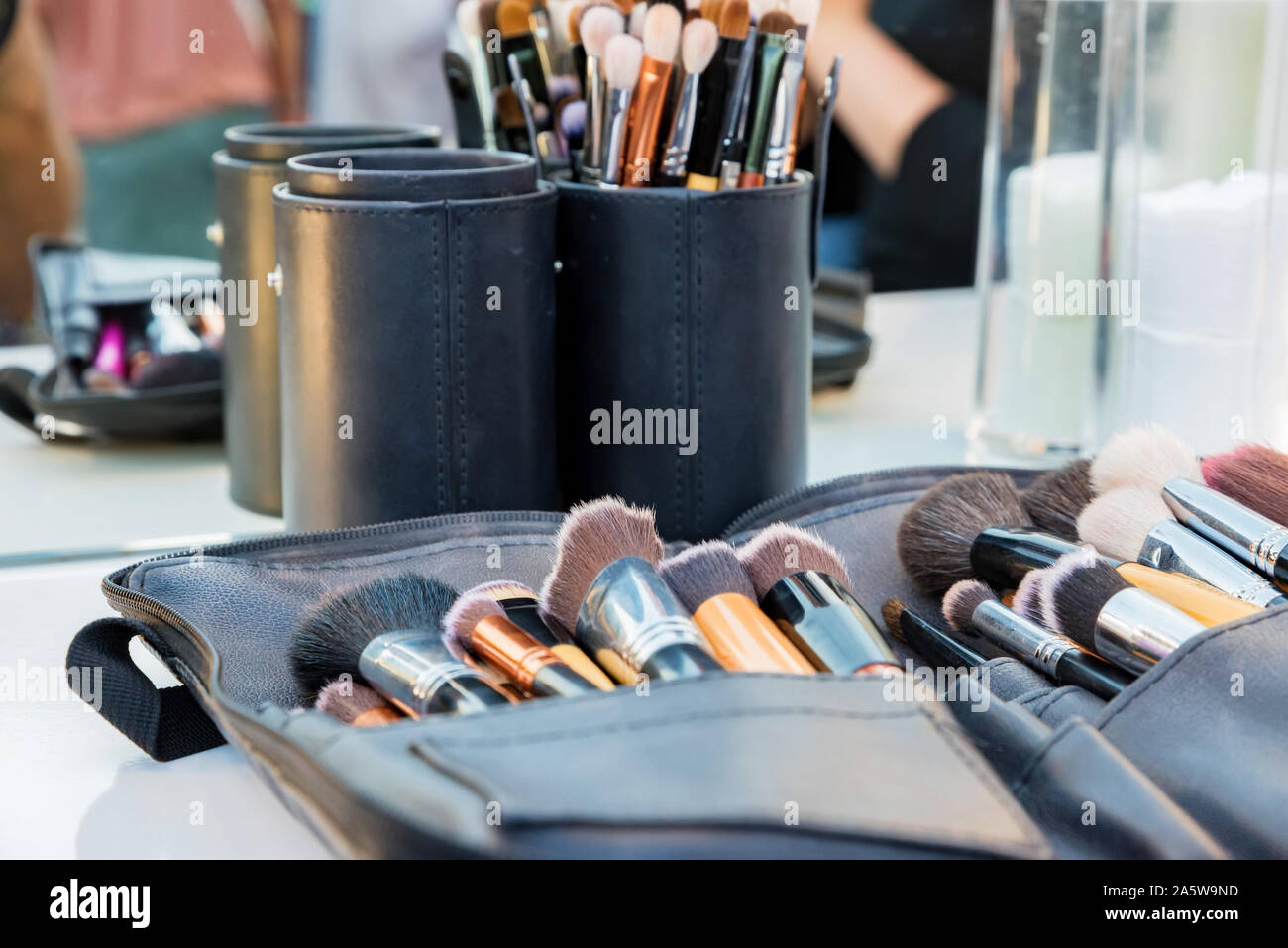 Close up various professional make up brushes lying in dark case Stock Photo