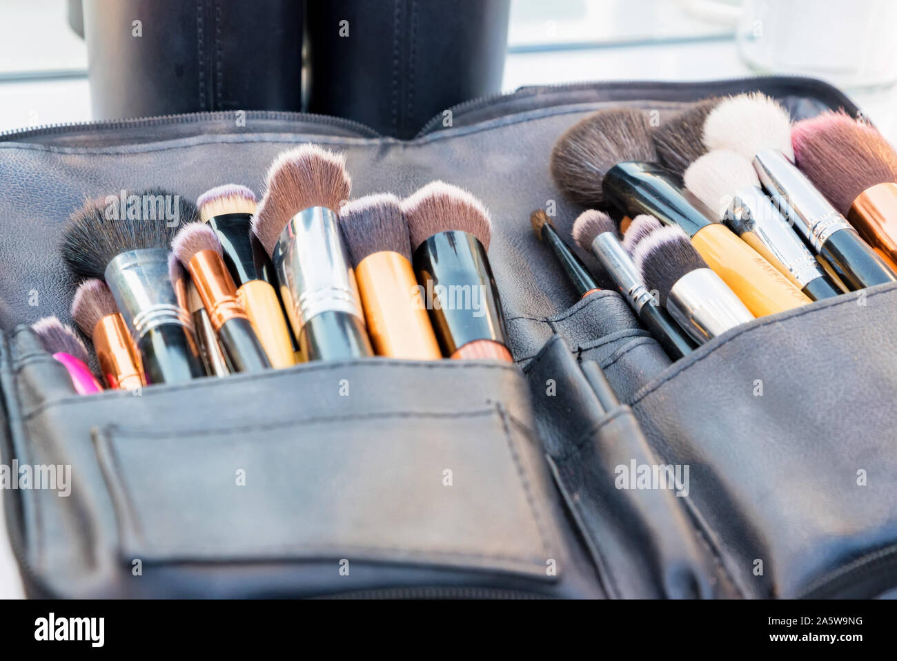 Close up various professional make up brushes lying in dark case Stock Photo