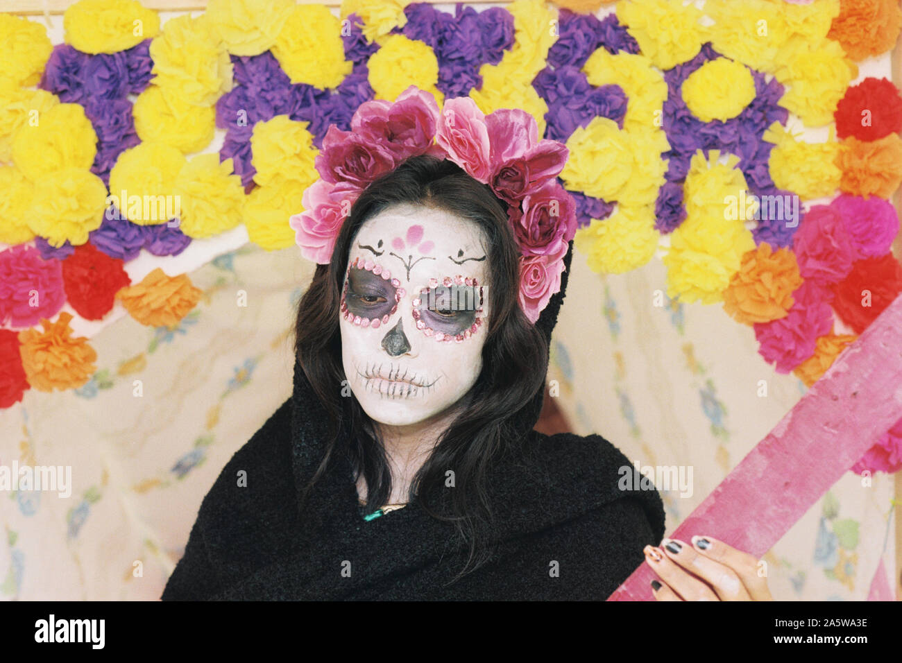 Merida, Yucatan, Mexico - October 30, 2015: Mexican young girl in Catrina makeup for the Day of the Dead or Hanal Pixan celebration Stock Photo