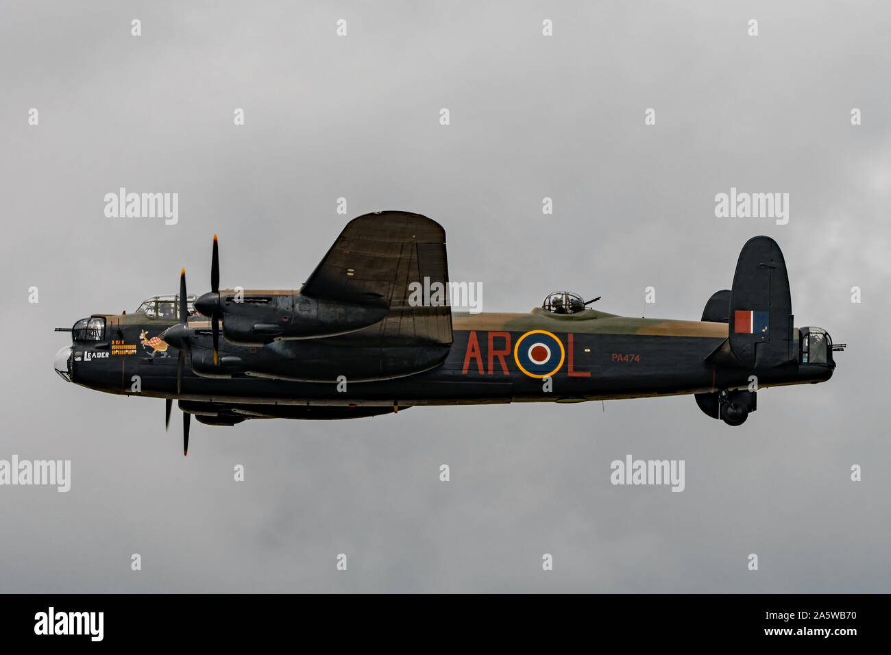 The Royal Air Force Lancaster bomber (PA474) of the Battle of Britain Memorial Flight in level flight at RIAT 2019, RAF Fairford, UK on 21/7/19. Stock Photo