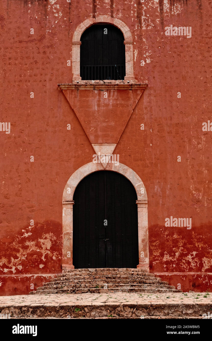 Santa Elena, Yucatan, Mexico - January 29, 2012: Architectural detail of entrance to San Mateo church. Stock Photo