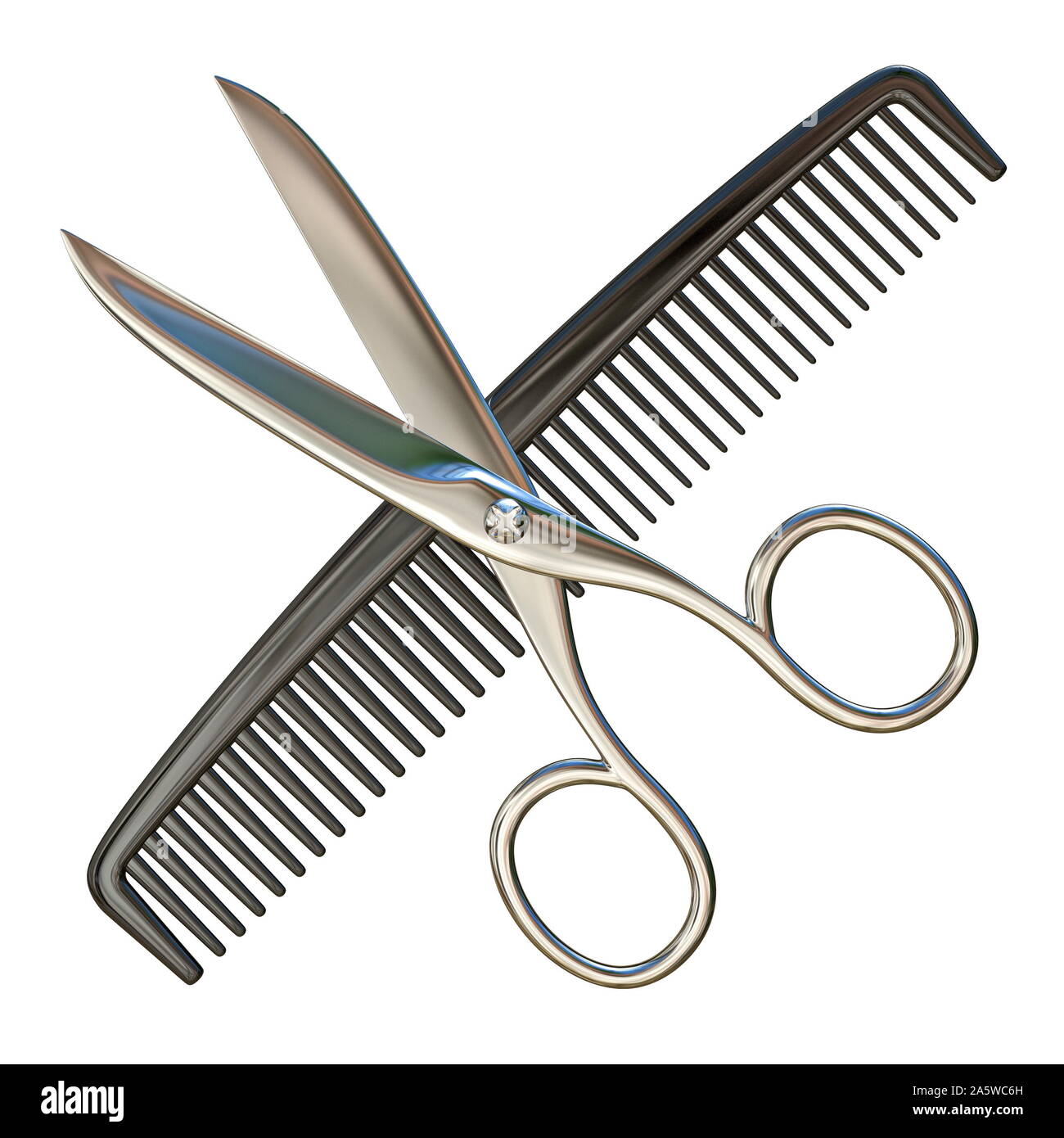 Scissors and comb 3D render illustration isolated on white background Stock Photo