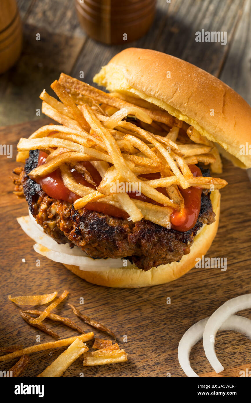 Homemade Cuban Fritas Hamburger with Fries and Chorizo Stock Photo