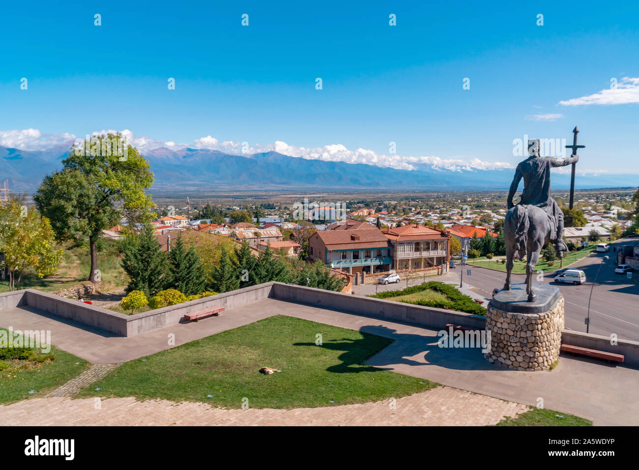 Monument of king Erekle II in Telavi Georgia. Beautiful view of Kakheti landscape from Telavi. Travel. Stock Photo