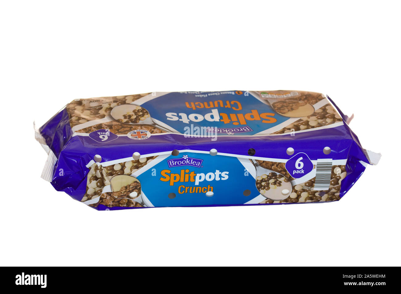 Brooklea Splitpots Crunch yogurts on isolated white background Stock Photo