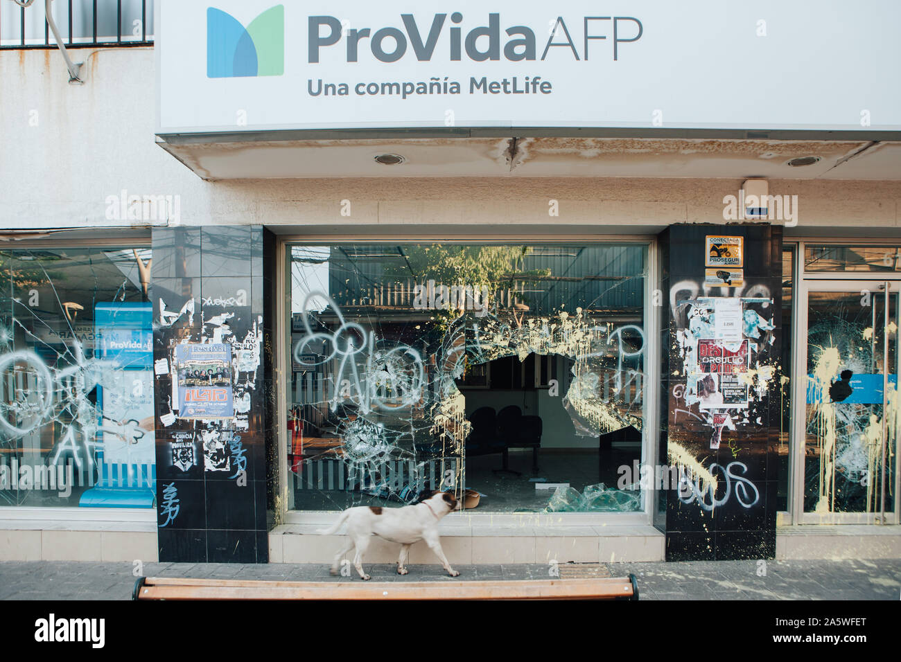 QUILPUÉ, CHILE - OCTOBER 20, 2019 - AFP (Private Pension System) office is looted during the protests of the 'Evade' movement against the government o Stock Photo