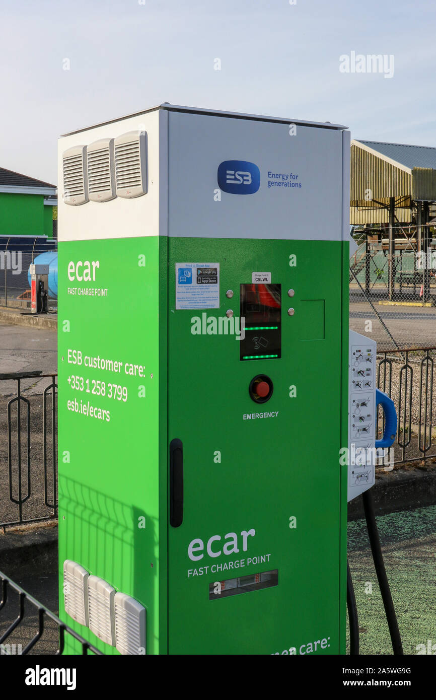 Green and white ecar charging point in Ireland an ESB e car fast