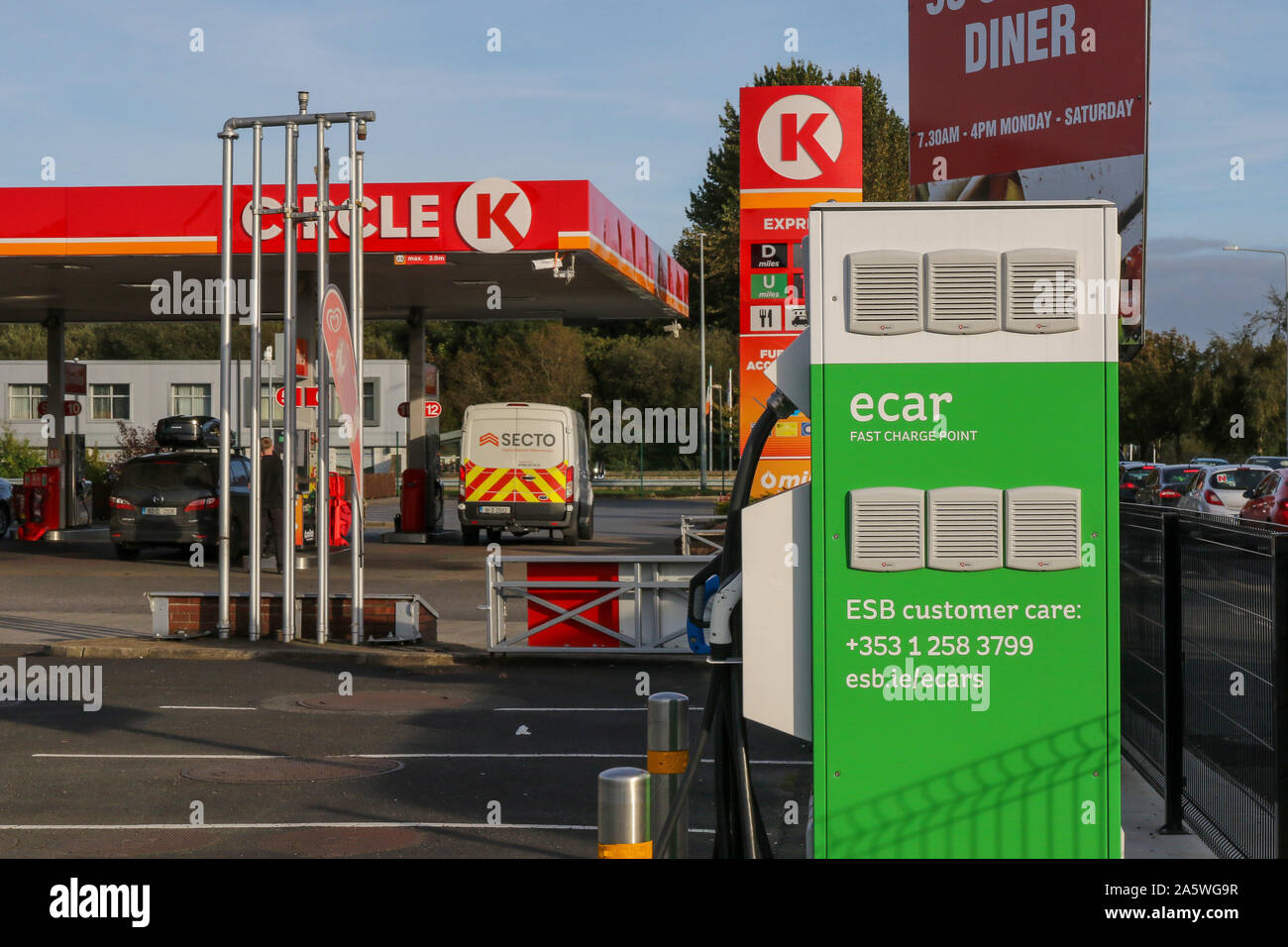 An e car charging point beside a petrol station in Ireland. ESB fast