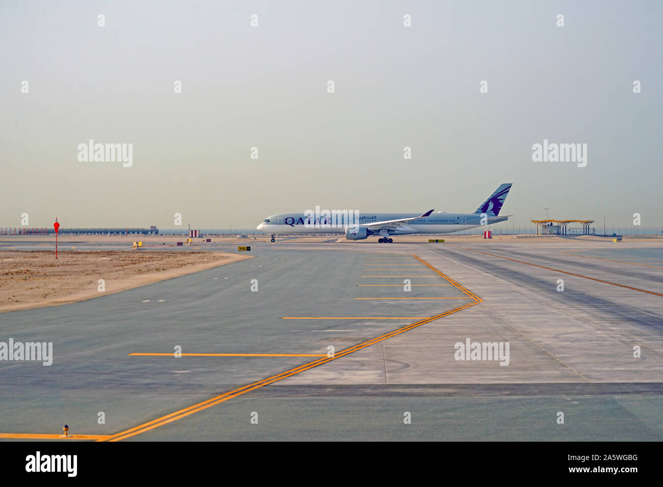 DOHA, QATAR -17 JUN 2019- View of airplanes from Qatar Airways (QR) at ...