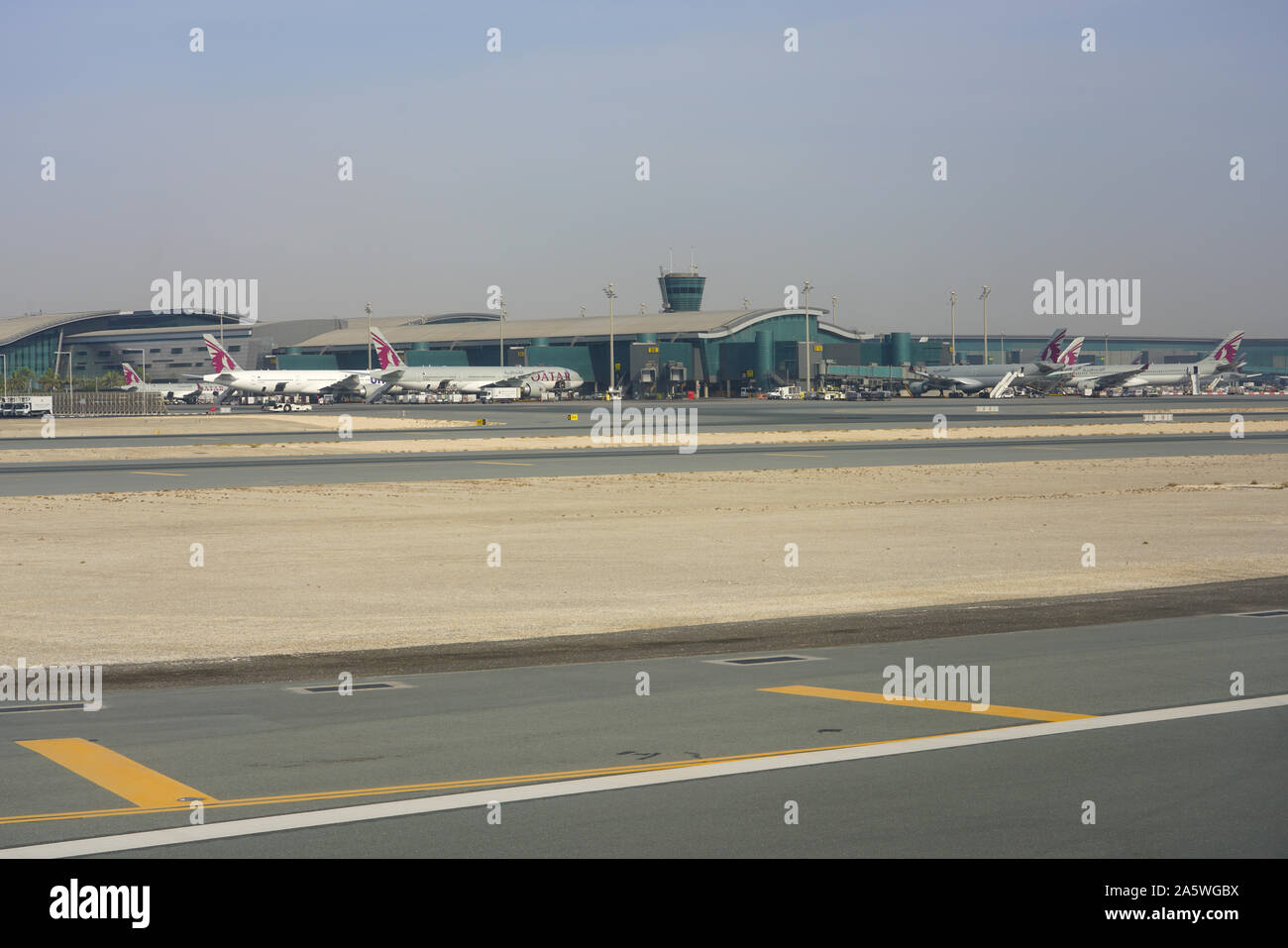 DOHA, QATAR -17 JUN 2019- View of airplanes from Qatar Airways (QR) at ...