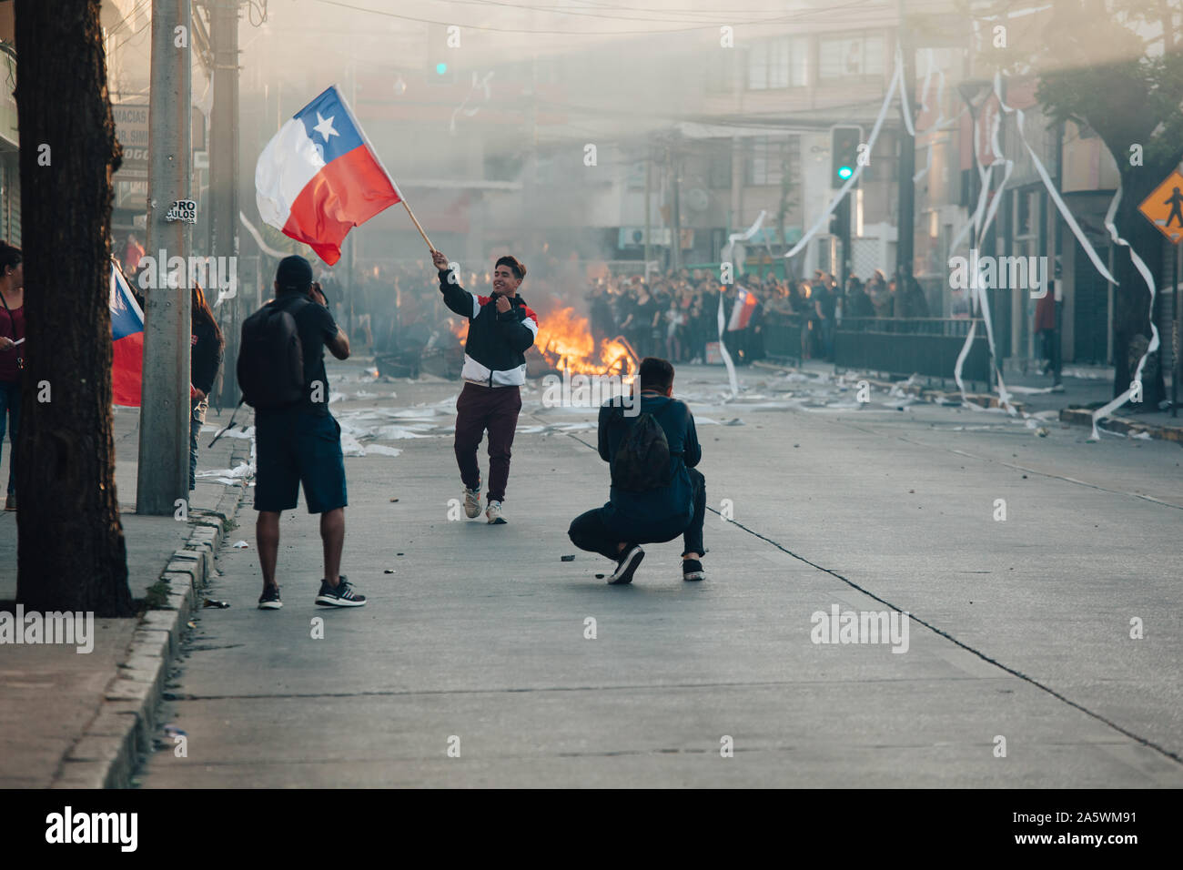 QUILPUÉ, CHILE - OCTOBER 20, 2019 - Barricades during protests of the 'Evade' movement against the government of Sebastian Piñera Stock Photo
