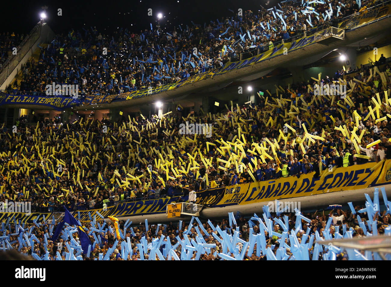Buenos Aires, Argentina - October 22, 2019: Boca Juniors fans cheering their team in the Bombonera stadium for the semi finals of the Libertadores Cup Stock Photo
