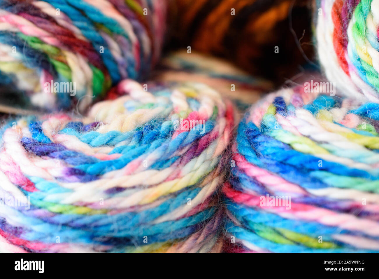 Pastel rainbow colored skeins for alpaca yarn Stock Photo