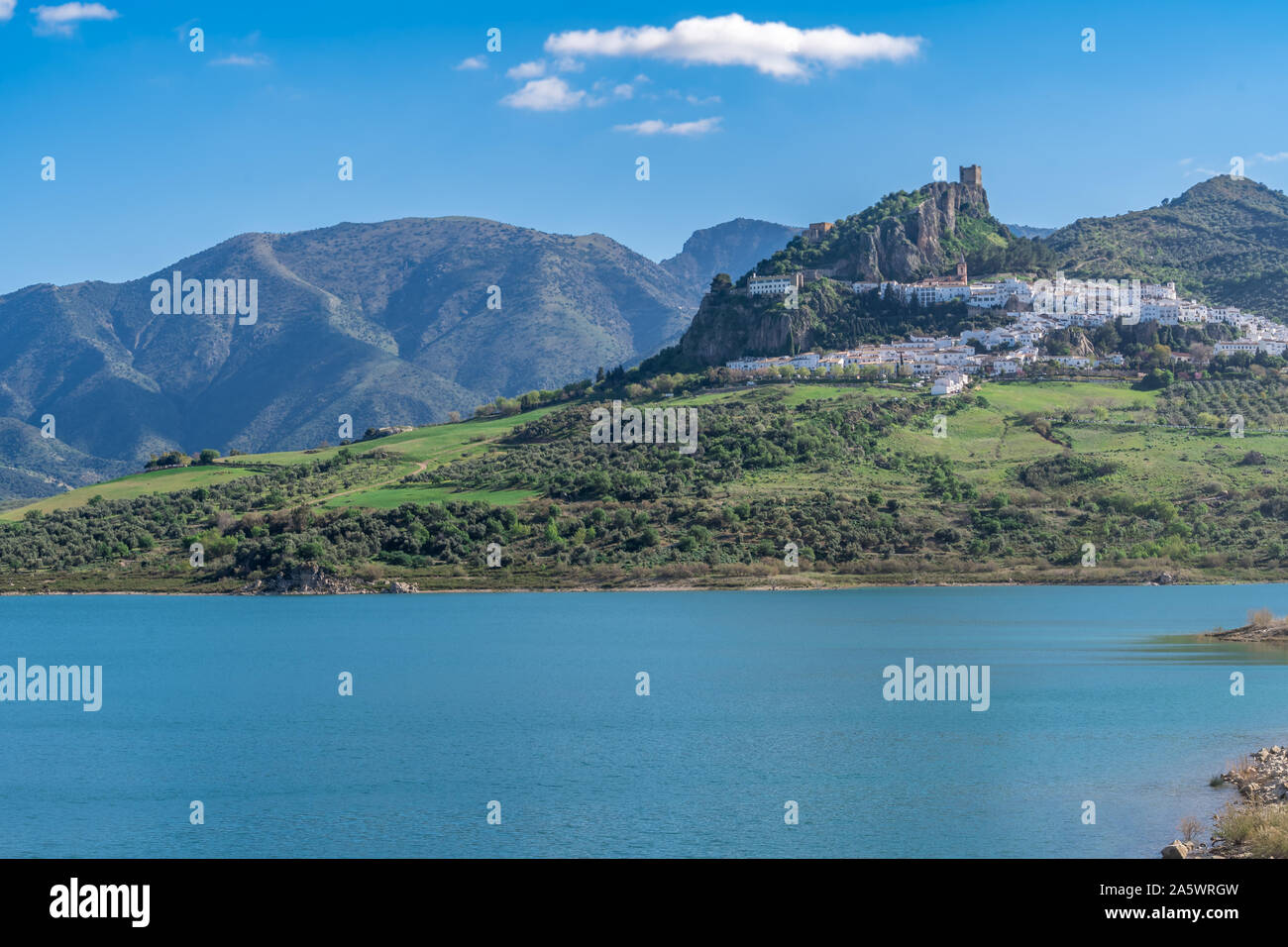 Zahara de la Sierra aerial view of medieval castle, hilltop village and ...