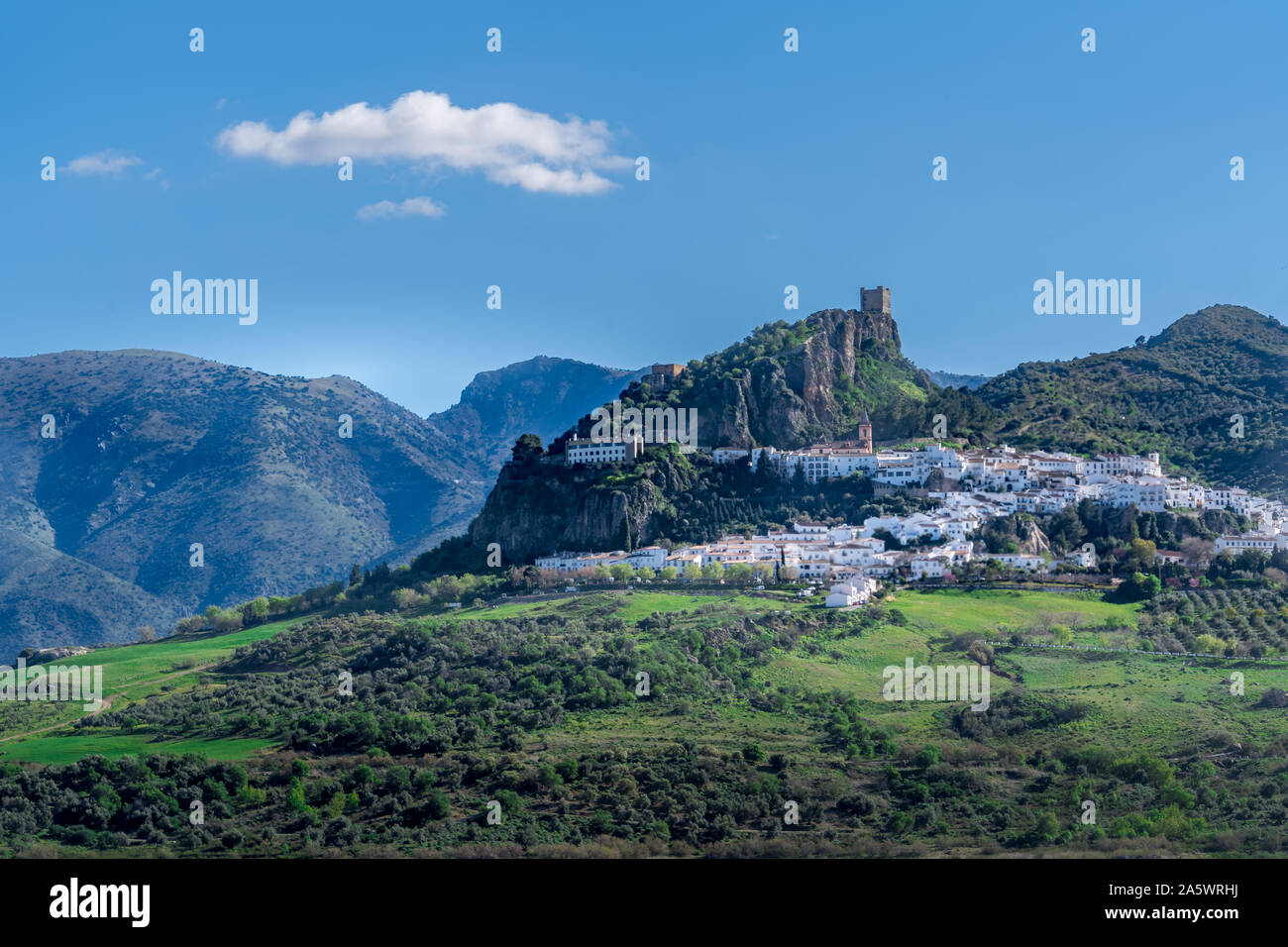 Zahara de la Sierra aerial view of medieval castle, hilltop village and ...