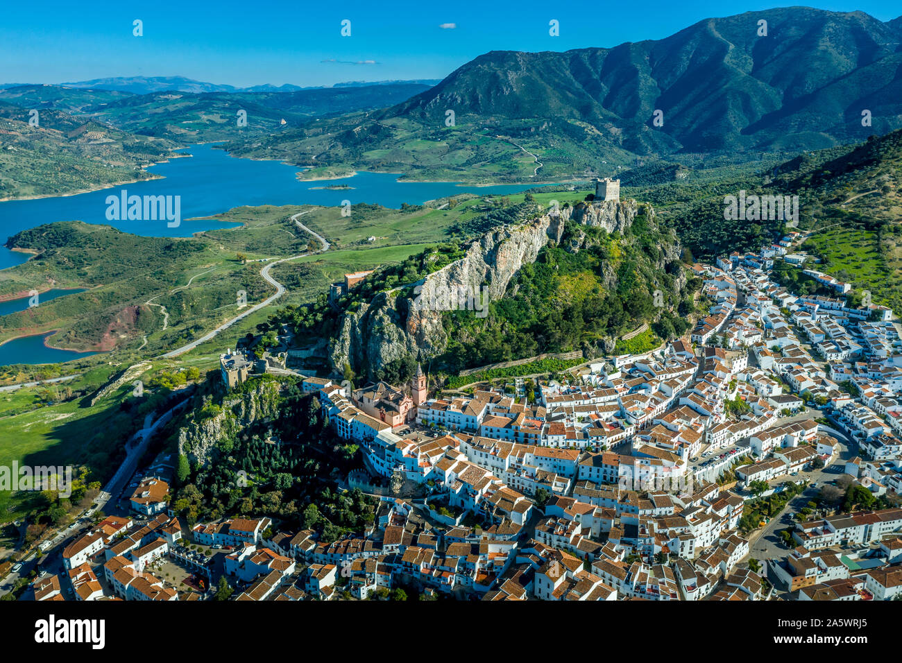 Zahara de la Sierra aerial view of medieval castle, hilltop village and ...