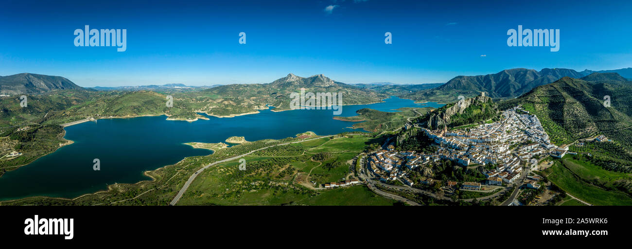Zahara de la Sierra aerial view of medieval castle, hilltop village and ...