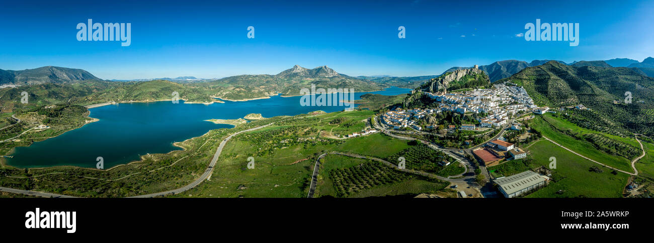 Zahara de la Sierra aerial view of medieval castle, hilltop village and ...