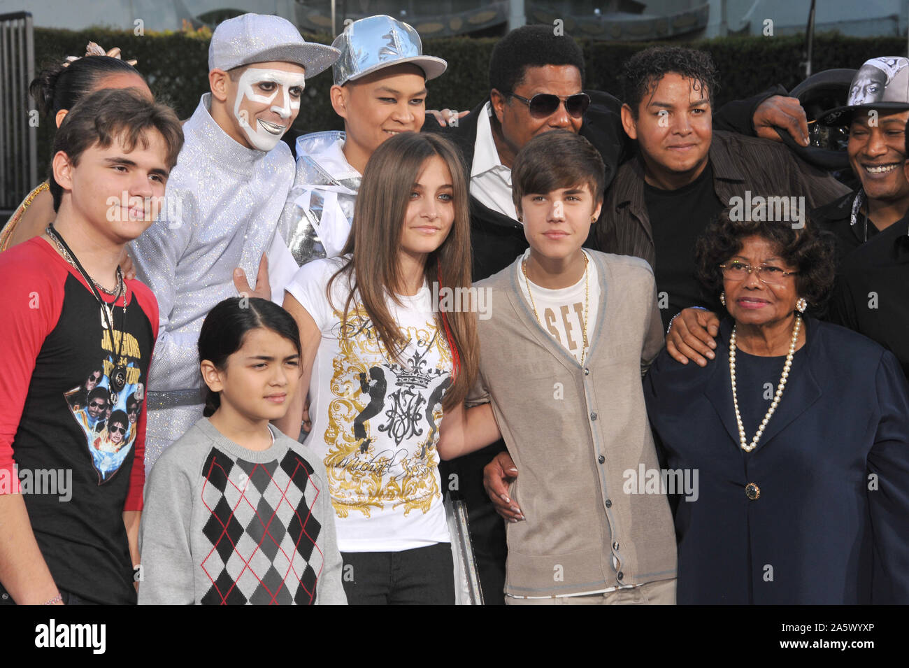 LOS ANGELES, CA. January 26, 2012: Michael Jackson's children Prince Michael, Paris & Prince Michael II 'Blanket' with their grandmother Katherine Jackson & singer Justin Bieber on Hollywood Boulevard where they placed their father's hand & footprints, using his shoes & glove, in cement in the courtyard of the Grauman's Chinese Theatre. Cirque du Soleil's new show 'Michael Jackson THE IMMORTAL World Tour' premieres in Los Angeles tomorrow. © 2012 Paul Smith / Featureflash Stock Photo