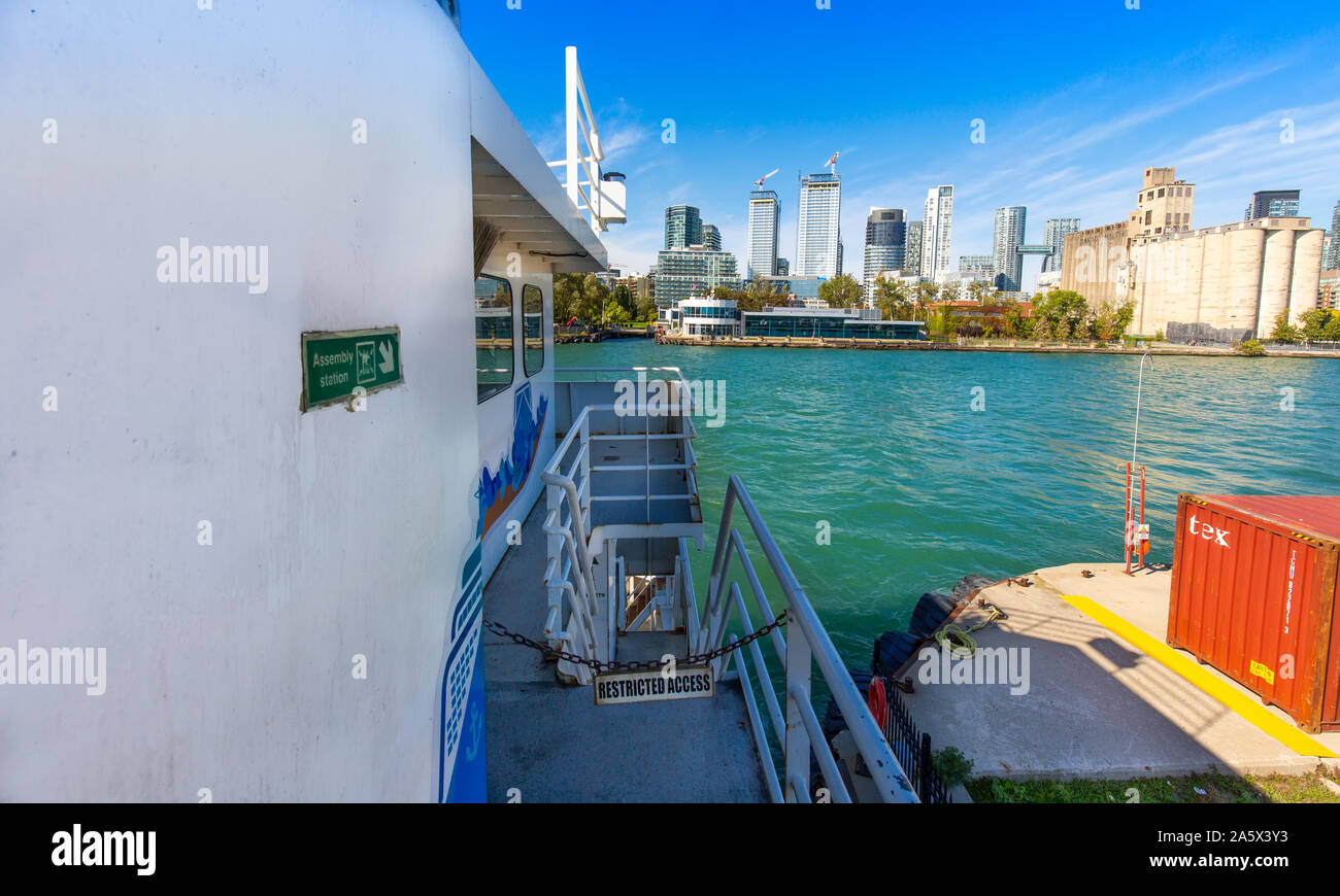 Toronto, Canada-20 August, 2019: Billy Bishop regional airport ferry crossing a canal on route to the airport departures and arrivals Stock Photo