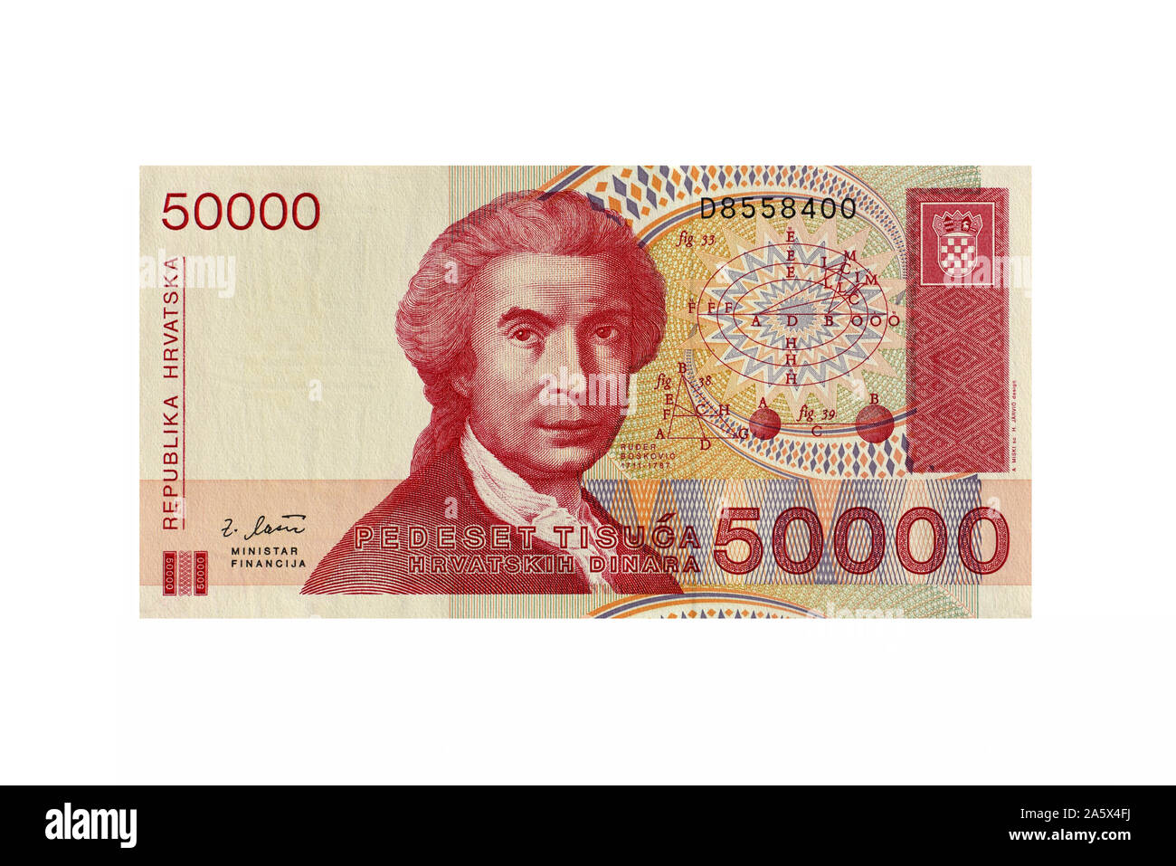 Banknote aus Kroatien, Nennwert 50.000 Dinar, Stock Photo