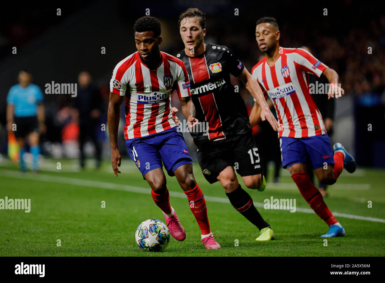 Madrid, Spain. 22nd Oct, 2019. Renan Lodi of Atletico de Madrid and Julian Baumgartlinger of Bayer 04 Leverkusen are seen in action during the UEFA Europa League match between Atletico de Madrid and Bayer 04 Leverkusen at Wanda Metropolitano Stadium in Madrid.(Final score: Atletico de Madrid 1:0 Bayer 04 Leverkusen) Credit: SOPA Images Limited/Alamy Live News Stock Photo