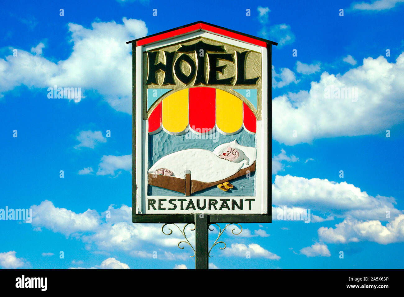 Lustiges Hotel und Restaurantschild Stock Photo