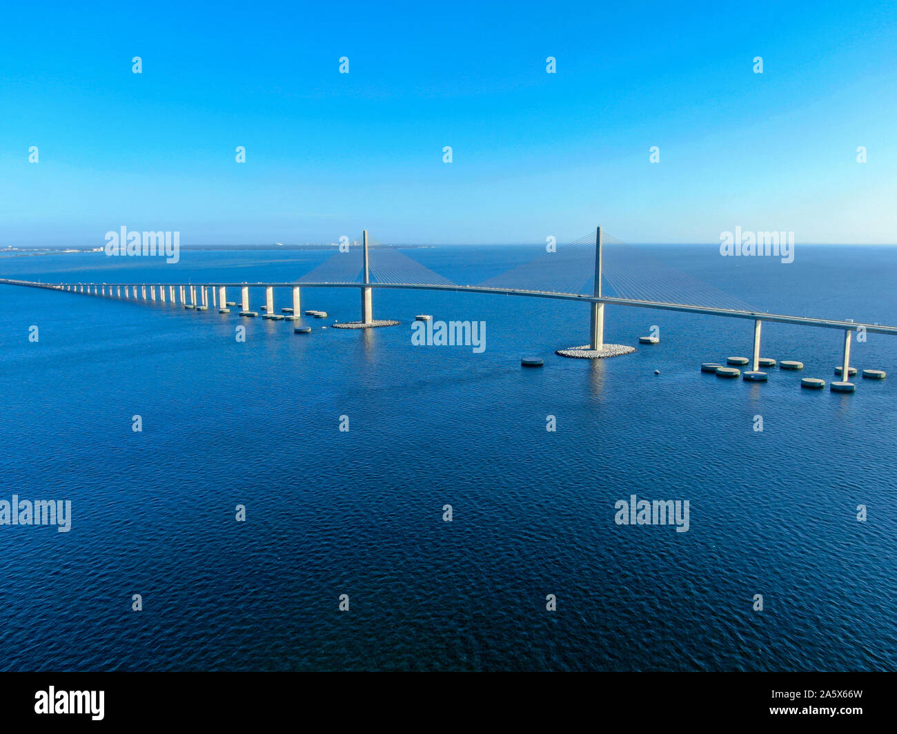 Aerial view of Sunshine Skyway, Tampa Bay Florida, USA. Big steel cable ...
