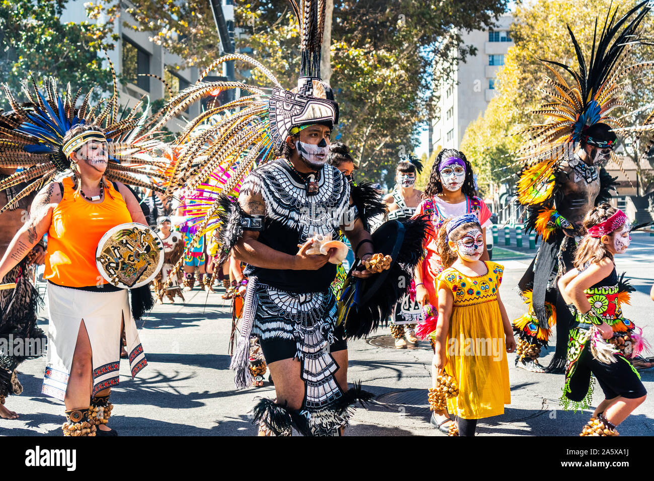 Oct 20, 2019 San Jose / CA / USA - Participants at the Day of the Dead (Dia de Los Muertos) procession taking place in South San Francisco Bay; Capull Stock Photo
