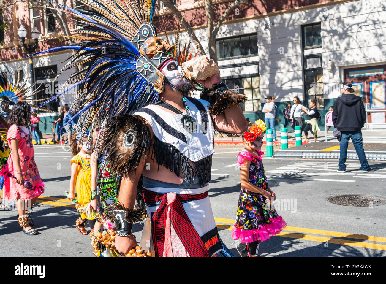 Oct 20, 2019 San Jose / CA / USA - Participants at the Day of the Dead (Dia de Los Muertos) procession taking place in South San Francisco Bay; Capull Stock Photo