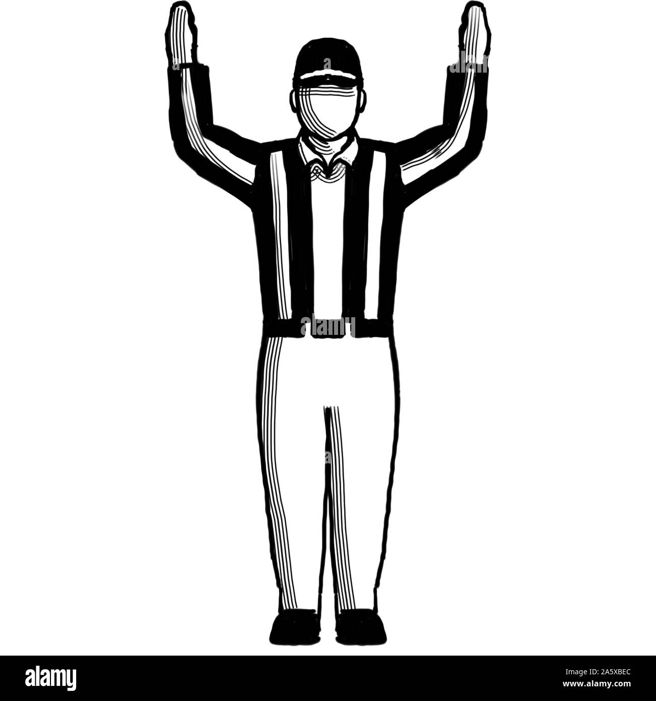 Retro style illustration of an American football referee or official with hand signal showing touchdown sign on isolated background done in black and Stock Photo