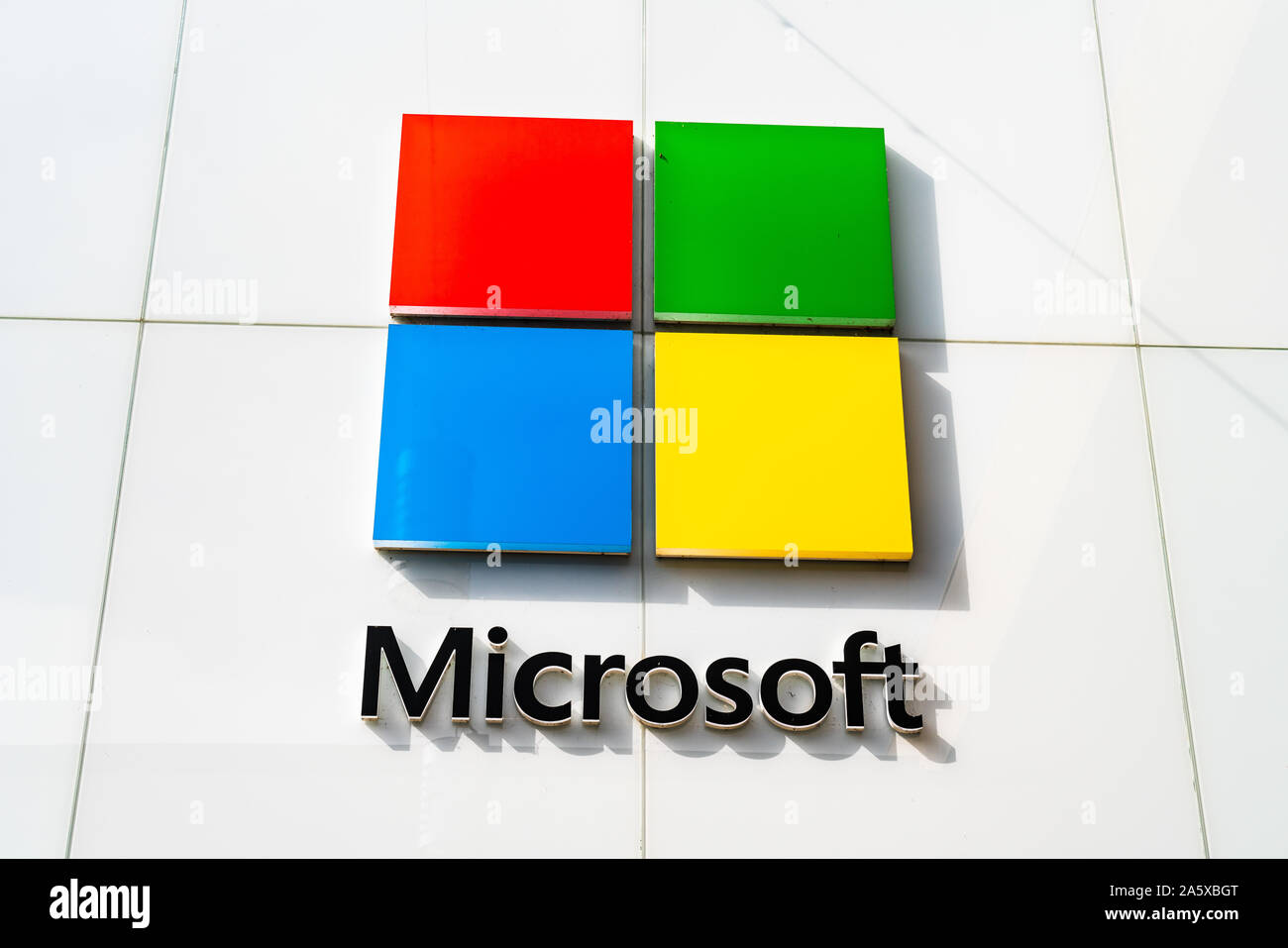 Sep 28, 2019 Palo Alto / CA / USA - Microsoft Logo on the facade of one of their stores in San Francisco bay area Stock Photo
