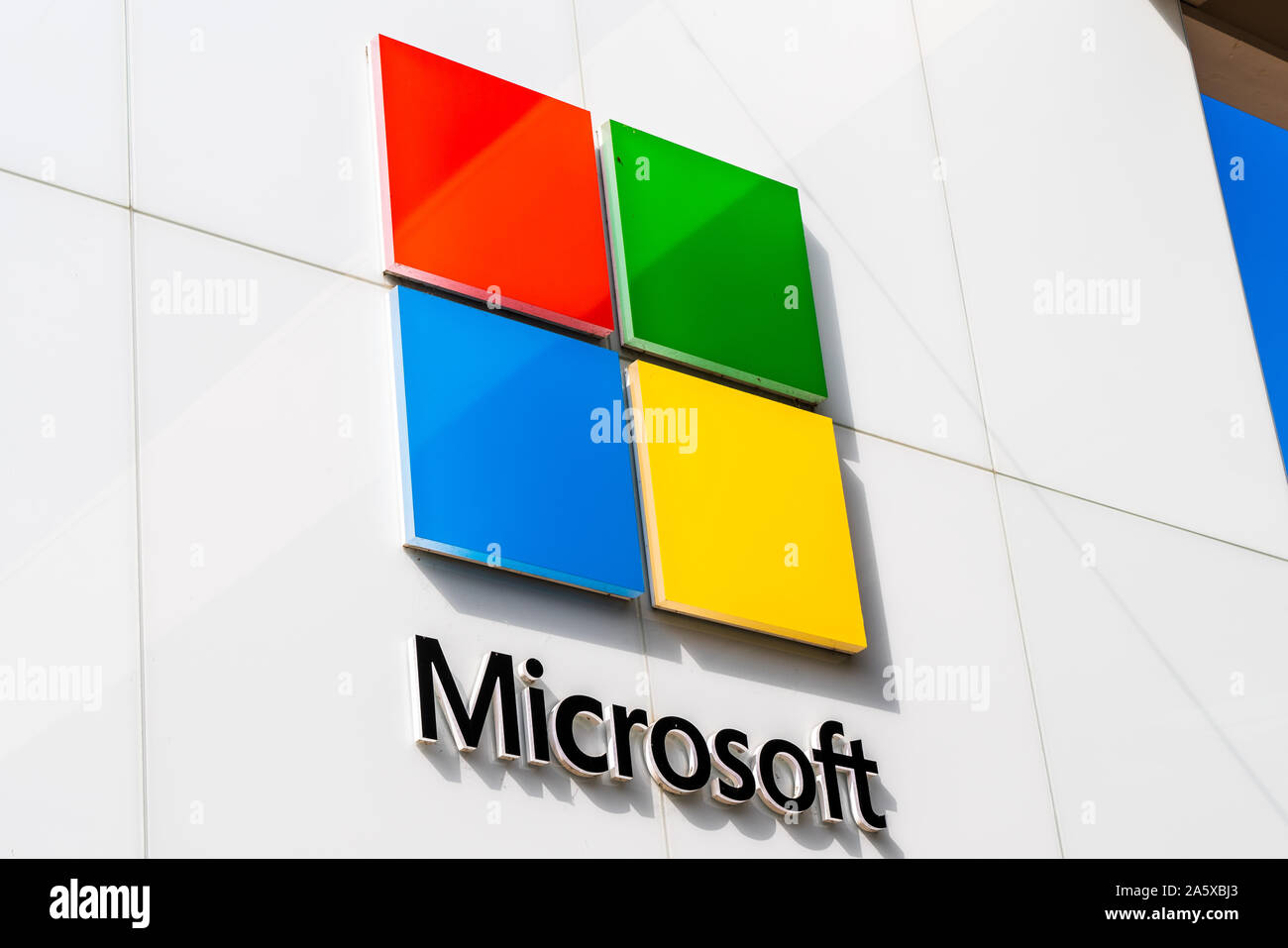 Sep 28, 2019 Palo Alto / CA / USA - Microsoft Logo on the facade of one of their stores in San Francisco bay area Stock Photo