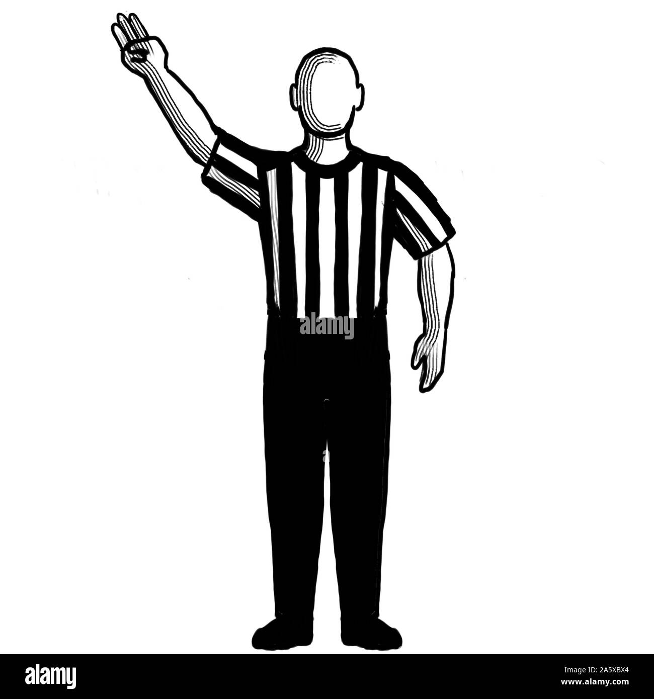Black and white illustration of a basketball referee or official with hand signal showing 3