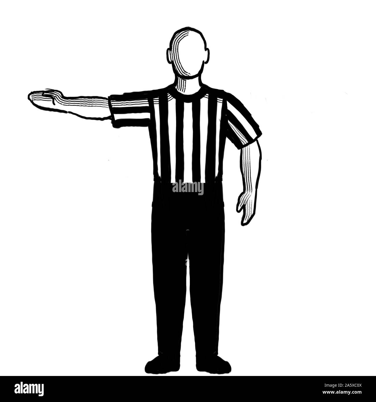 Black and white illustration showing a basketball referee or official with hand signal of delayed lane violation viewed from front on isolated backgro Stock Photo