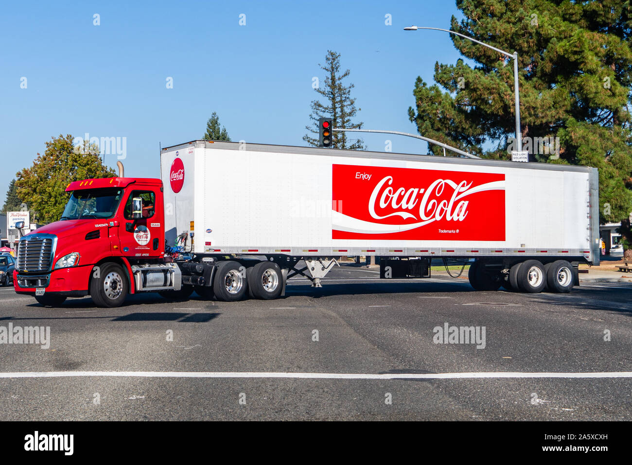 Oct 14, 2019 Mountain View / CA / USA - Coca Cola truck driving on a street in San Francisco Bay Area Stock Photo