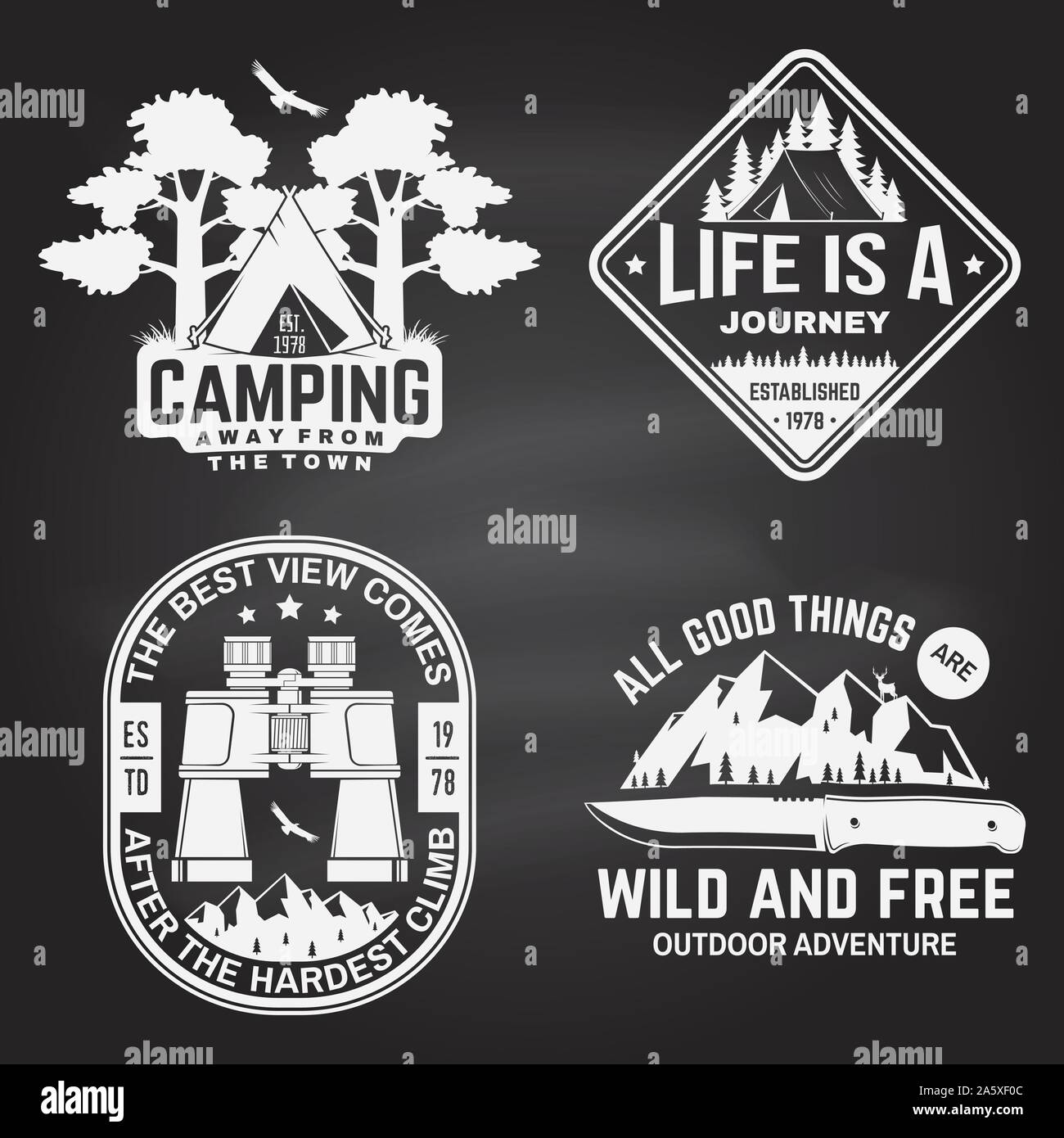 Set of outdoor adventure quotes on the chalkboard. Vector. Concept for shirt or logo, print. Vintage design with binoculars, mountains, condor, sky, mountains, tent, knife and forest silhouette. Stock Vector