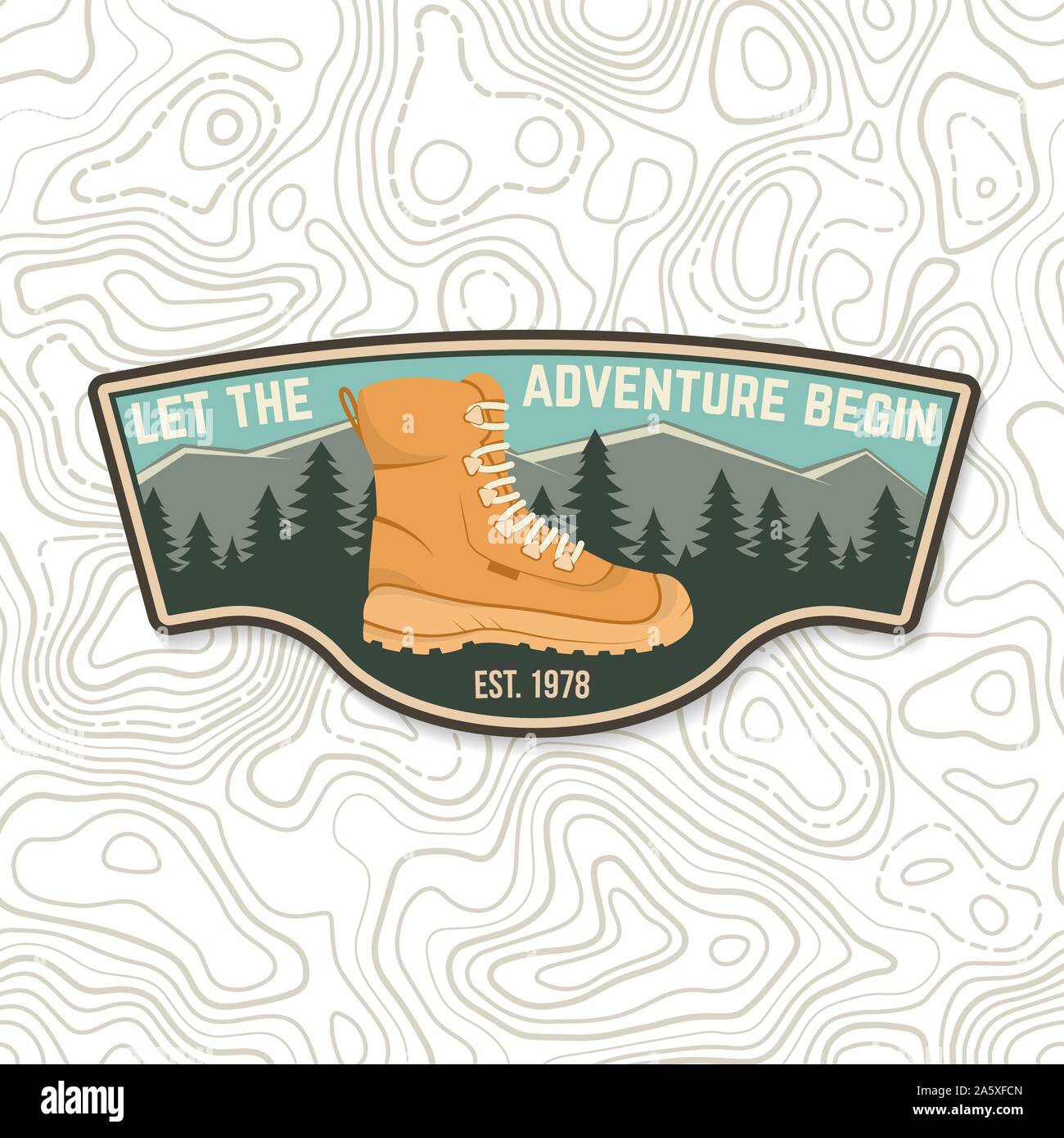 Let the adventure begin. Sammer camp badge. For patch, stamp. Vector illustration. Concept for shirt or logo, print, stamp or tee. Design with hiking boots, mountains, sky and forest silhouette. Stock Vector