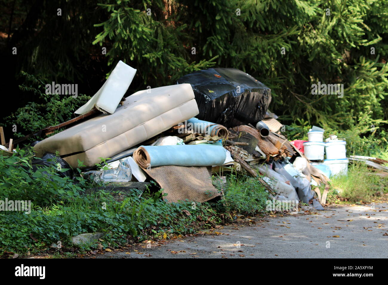 Illegal garbage dump near local paved forest road filled with domestic