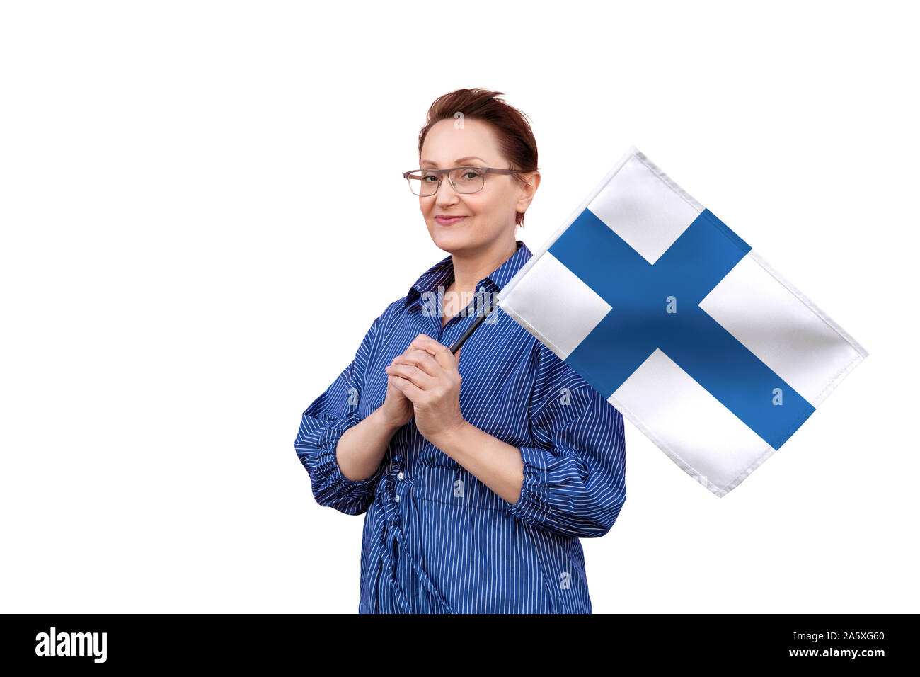Finland flag. Woman holding Finnish flag. Nice portrait of middle aged