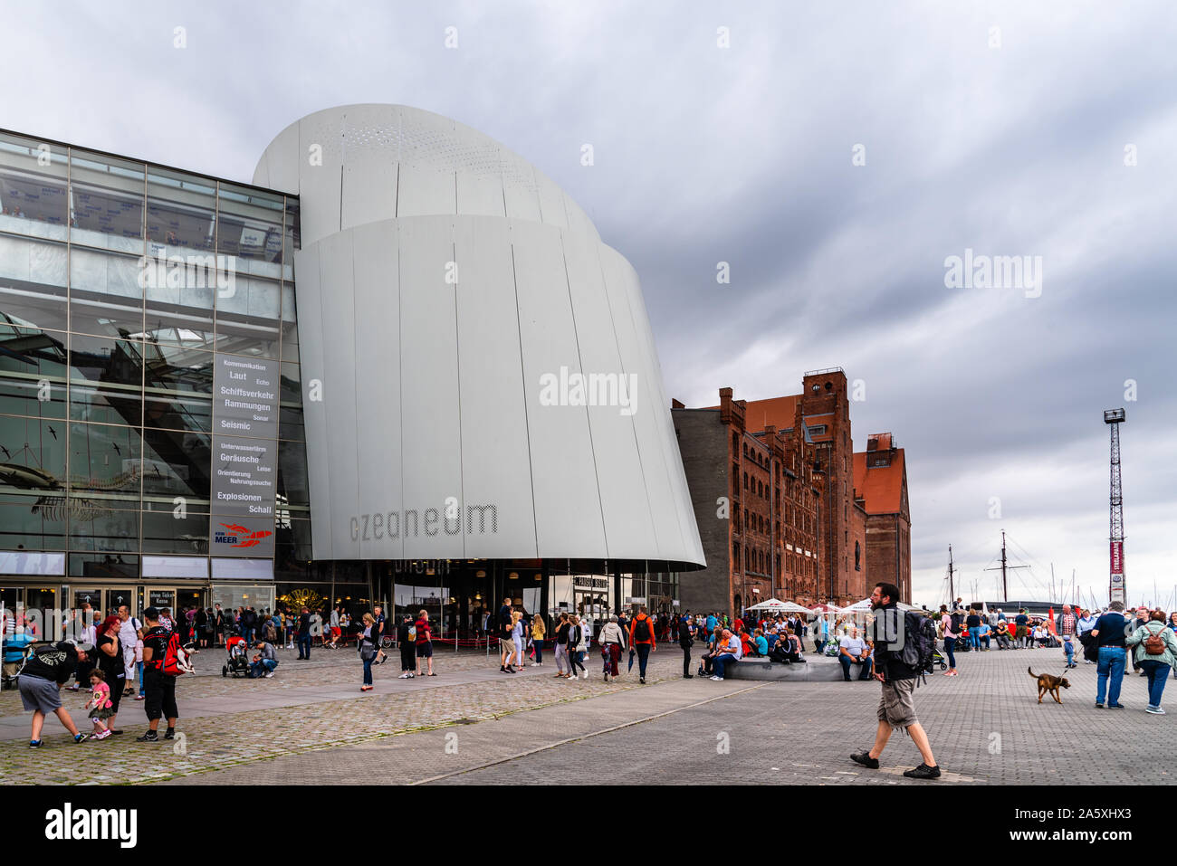 Stralsund, Germany - July 31, 2019: The harbour and the Ozeaneum public aquarium of the German Oceanographic Museum. Stralsund old town is a UNESCO Wo Stock Photo