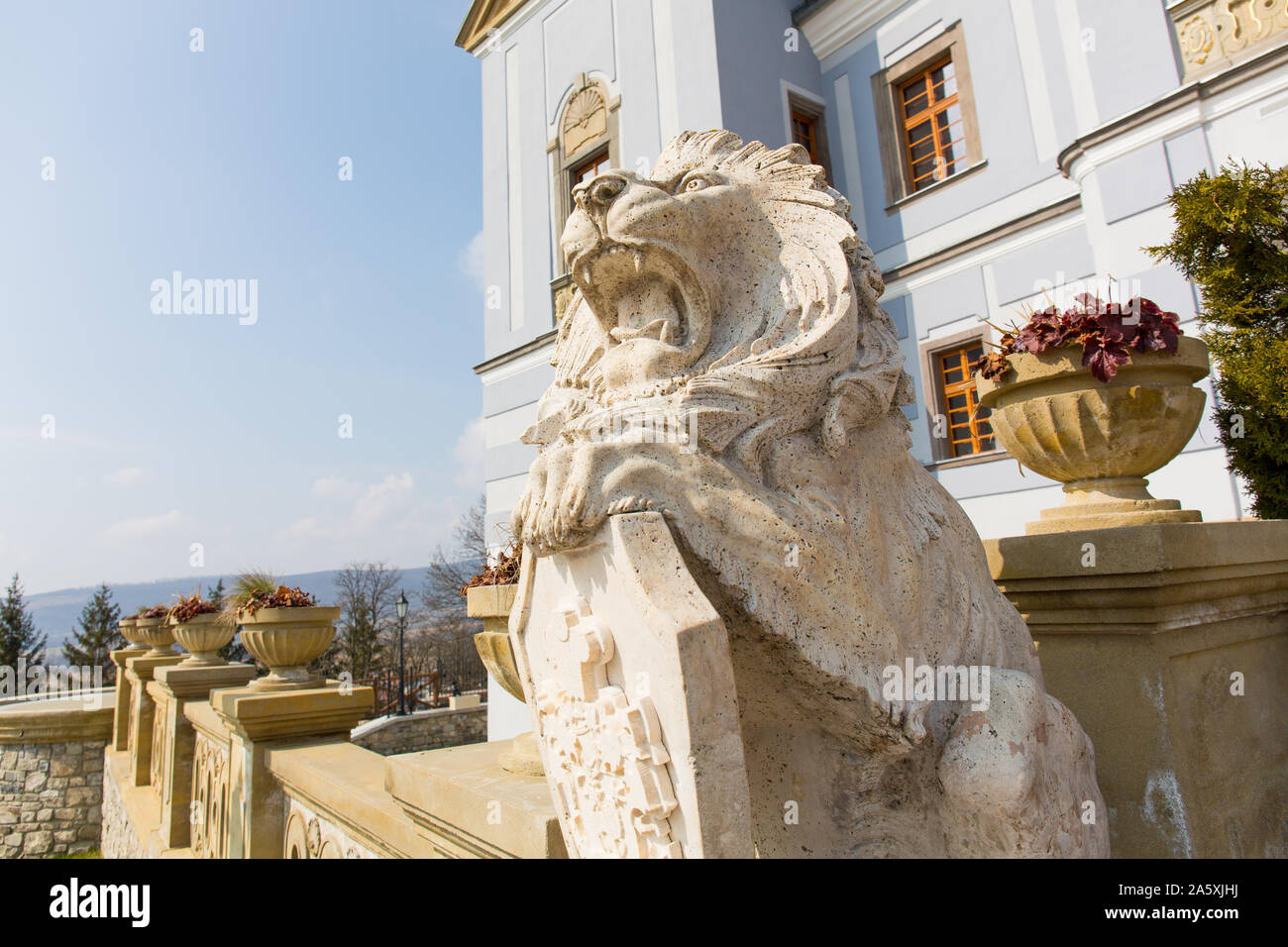 Statue of Lion, Castle Hotel Galicia Nueva Stock Photo