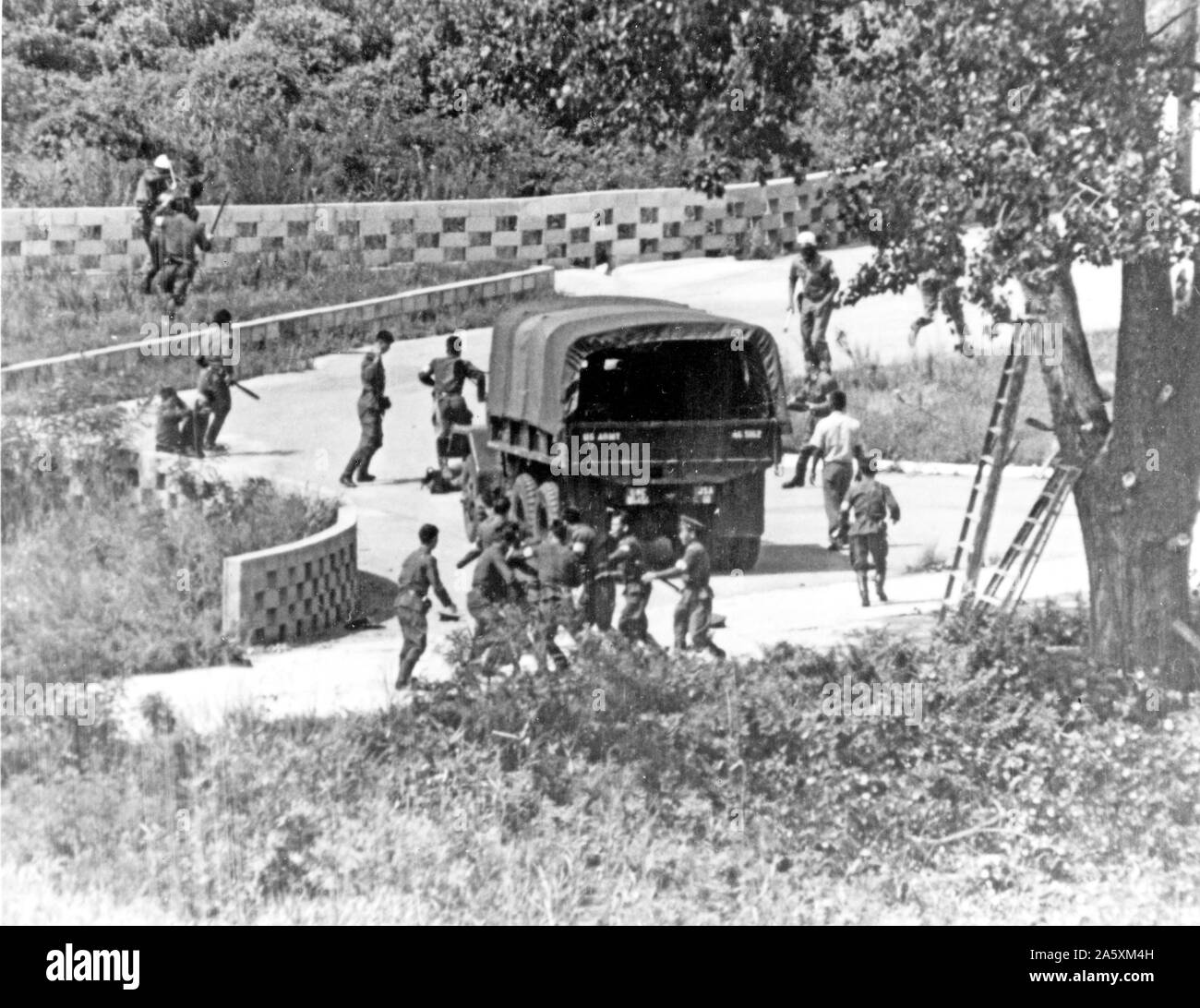 Panmunjon, Korea. Tree pruning incident 18 August 1976, at the Joint Security Area (Panmunjon) within the Demilitarized Zone separating Norht Korea and Sourh Korea. In this incident, two UNC guard officers of the US Army, Major Arthur G. Bonifas and 1st Lt. Mark T. Barrett, were hacked to death by a gang of more than thirty North Korean Security Guards. Some of the North Korean Guards got axes that the KSC workmen were using to prune the tree and used them on the UNC Guards which resulted in the deaths of the two US Army Officers Stock Photo